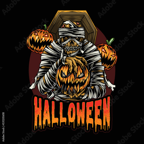Mummy Holding Halloween Pumpkin In The Dark Night