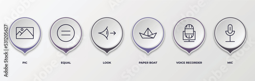 infographic template with outline icons. infographic for user interface concept. included pic, equal, look, paper boat, voice recorder, mic editable vector.