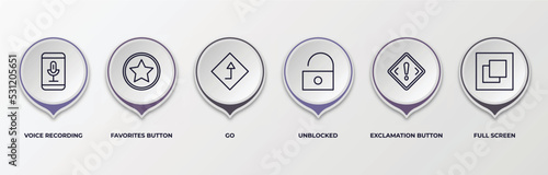 infographic template with outline icons. infographic for user interface concept. included voice recording, favorites button, go, unblocked, exclamation button, full screen editable vector.