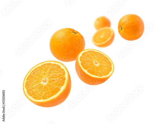 Orange with cut in half levitate isolated on white background.