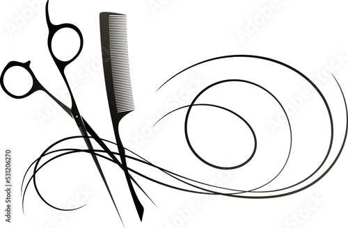 Scissors with comb and curls of hair. Design for hair stylist and beauty salon
