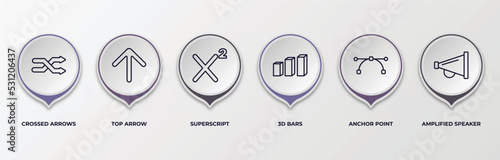 infographic template with outline icons. infographic for user interface concept. included crossed arrows, top arrow, superscript, 3d bars, anchor point, amplified speaker editable vector.