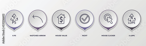 infographic template with outline icons. infographic for user interface concept. included 6 ps, sketched arrow, house value, right, mouse clicker, 4 ldpe editable vector.