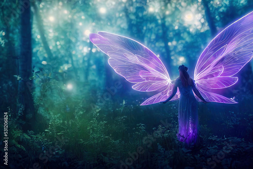 Fairy with butterfly wings in magical forest. 3d illustration
