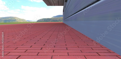Combination of red brick paving stones and a facade made of composite panels based on heat-efficient aggregate and metal coating. 3d render.