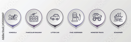infographic template with outline icons. infographic for transportation concept. included gondola, funicular railway, litter car, fuel dispenser, monster truck, schooner editable vector.
