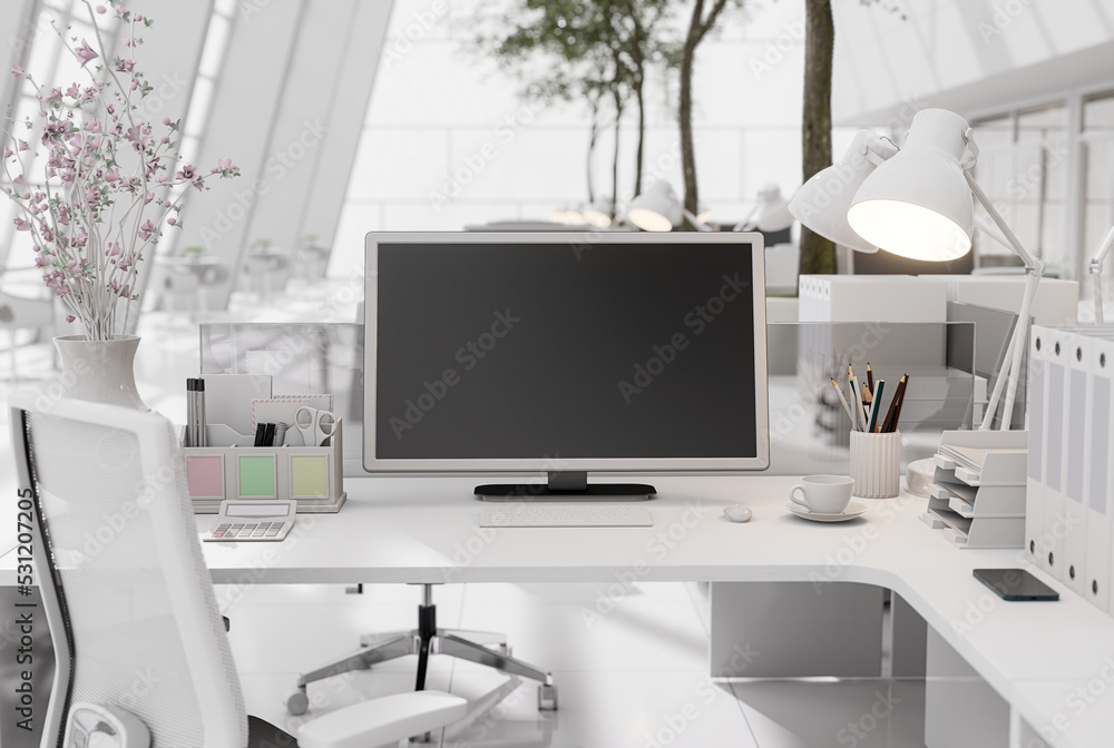 Empty computer screen for copy space with blurry modern style white office background 3d render illustration. Empty computer screen for copy space with blurry modern style white office background 3d render illustration.
