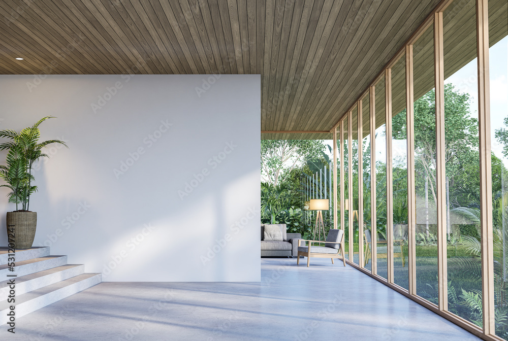 Modern contemporary empty hall with nature view 3d render overlooking the living room behind the room has concrete floors, plank ceilings and blank white walls for copy space, sunlight enter the room. - obrazy, fototapety, plakaty 