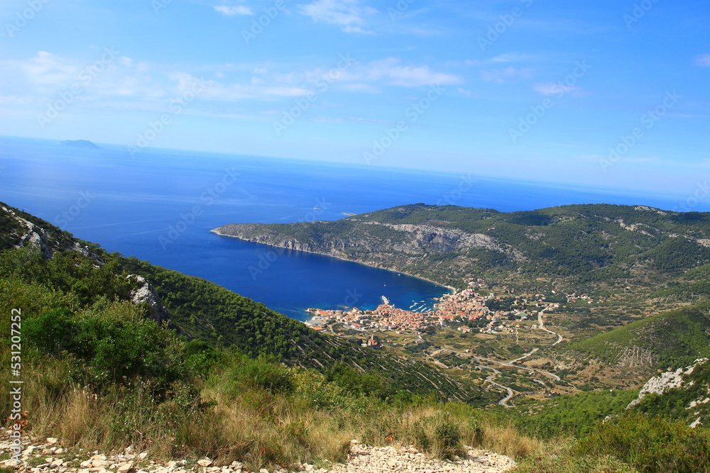 View from the top of the Hum mountain on the town of Komiza in Croatia