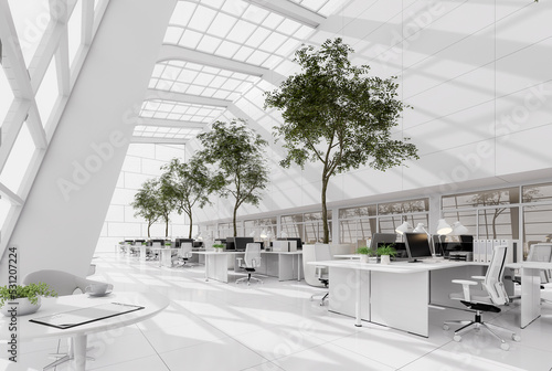 Minimal style modren white high and open workplace 3d render The room is comfortable and bright with natural light from many windows furnished with black and white furniture, decorated with big trees photo