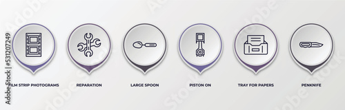 infographic template with outline icons. infographic for tools and utensils concept. included film strip photograms, reparation, large spoon, piston on, tray for papers, penknife editable vector.