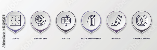 infographic template with outline icons. infographic for tools and utensils concept. included clocks, electric bell, postage, flame extinguisher, highlight, cardinal points editable vector.