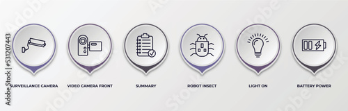 infographic template with outline icons. infographic for technology concept. included surveillance camera, video camera front view, summary, robot insect, light on, battery power editable vector.