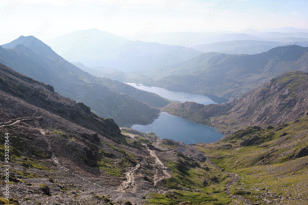 A photograph of Snowdon's valleys and lakes taken from the summit of Snowdon in June 2021