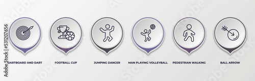 infographic template with outline icons. infographic for sports concept. included dartboard and dart, football cup, jumping dancer, man playing volleyball, pedestrian walking, ball arrow editable