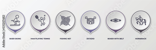 infographic template with outline icons. infographic for sports concept. included skier skiing, man playing tennis, fishing net, estadio, boxer with belt, horseback editable vector.