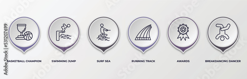 infographic template with outline icons. infographic for sports concept. included basketball champion, swimming jump, surf sea, running track, awards, breakdancing dancer editable vector.