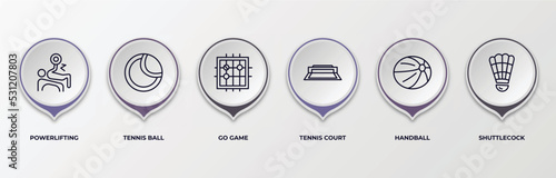 infographic template with outline icons. infographic for sport collection. thin concept. included powerlifting, tennis ball, go game, tennis court, handball, shuttlecock editable vector.