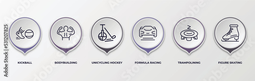 infographic template with outline icons. infographic for sport concept. included kickball, bodybuilding, unicycling hockey, formula racing, trampolining, figure skating editable vector.