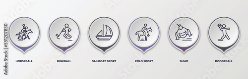 infographic template with outline icons. infographic for sport concept. included horseball, rinkball, sailboat sport, polo sport, sumo, dodgeball editable vector.