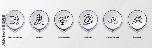 infographic template with outline icons. infographic for sport concept. included trail running, kendo, dart board, hurling, canoe sport, snooker editable vector.