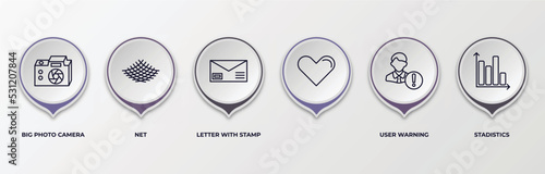 infographic template with outline icons. infographic for social media marketing concept. included big photo camera, net, letter with stamp, , user warning, stadistics editable vector.
