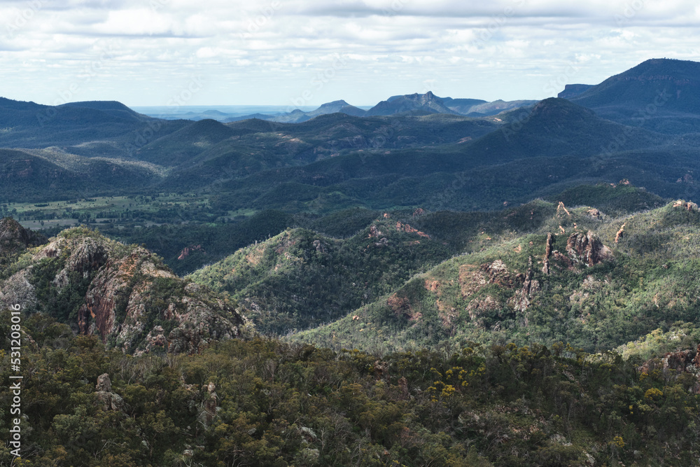 A landscape photograph of the Warrumbungle National Park taken from Bluff Mountain