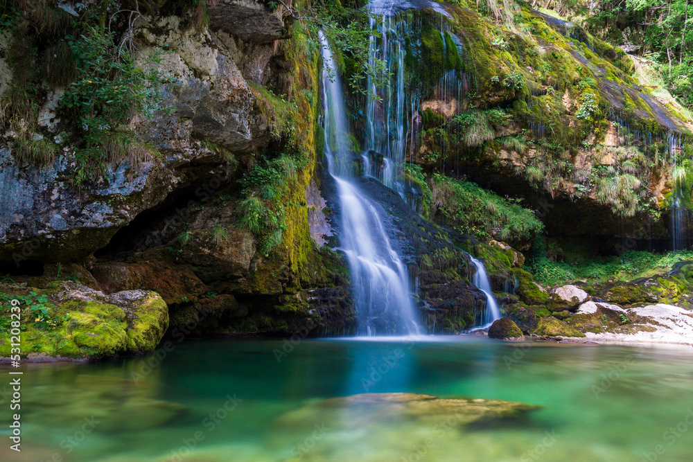 Long exposure Slap Virje waterfall in Bovec, Slovenia
