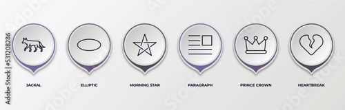 infographic template with outline icons. infographic for shapes concept. included jackal, elliptic, morning star, paragraph, prince crown, heartbreak editable vector.
