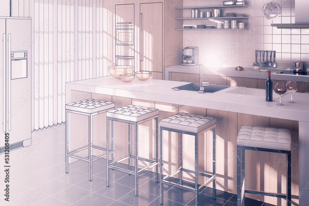 Fototapeta premium Zeichnung einer modernen Loft-Küche - 3D Visualisierung