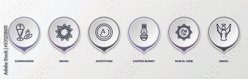 infographic template with outline icons. infographic for religion concept. included communion, bahai, asceticism, easter bunny, rub el hizb, angel editable vector.