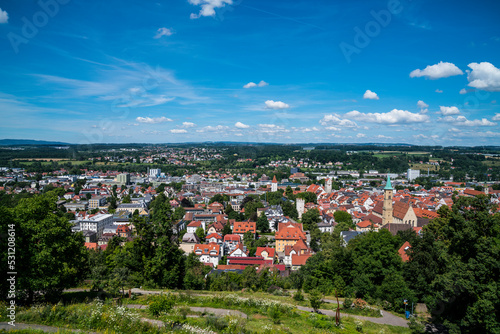 Germany, Panorama view above old town of ravensburg city skyline of the beautiful village in summer with blue sky