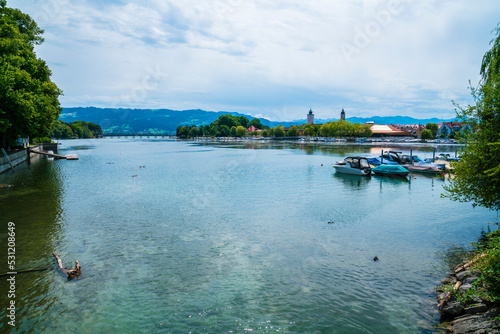 Germany, Lindau island harbor boats anchoring in port of bodensee lake in beautiful nature landscape panorama view