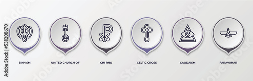 infographic template with outline icons. infographic for religion concept. included sikhism, united church of christ, chi rho, celtic cross, caodaism, faravahar editable vector.