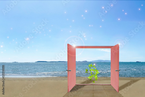 海辺に立つピンクのどこでもドア