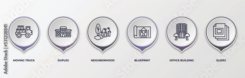 infographic template with outline icons. infographic for real estate concept. included moving truck, duplex, neighborhood, blueprint, office building, slides editable vector.
