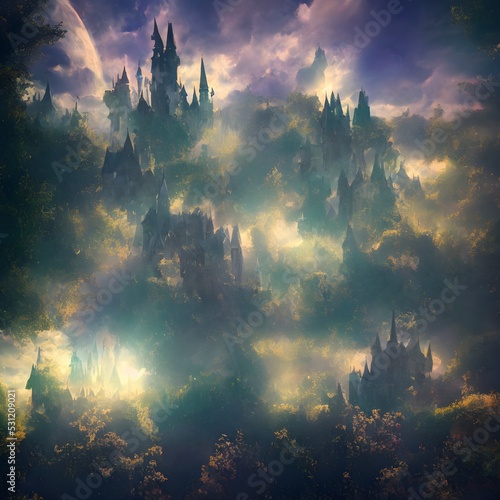 Mistery catles on high hills in clouds  fantasy land