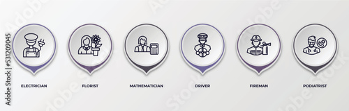 infographic template with outline icons. infographic for professions concept. included electrician, florist, mathematician, driver, fireman, podiatrist editable vector.