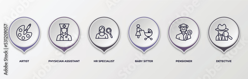 infographic template with outline icons. infographic for professions concept. included artist, physician assistant, hr specialist, baby sitter, pensioner, detective editable vector.