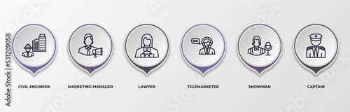 infographic template with outline icons. infographic for professions concept. included civil engineer, marketing manager, lawyer, telemarketer, showman, captain editable vector.