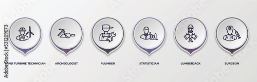 infographic template with outline icons. infographic for professions concept. included wind turbine technician, archeologist, plumber, statistician, lumberjack, surgeon editable vector.