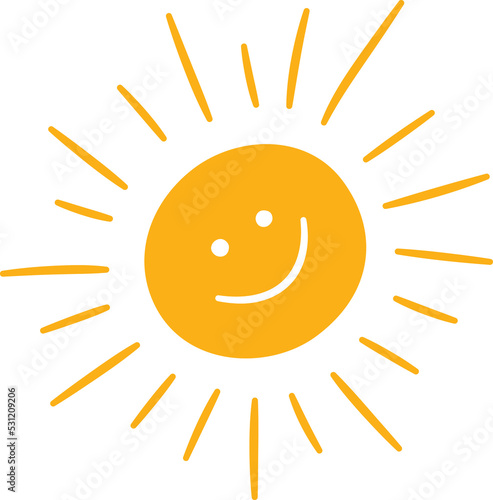 Doodle childish sun icon. Scribble yellow sun with rays and smile symbol. Doodle funny children drawing. Hand drawn burst. Hot weather sign. Vector illustration isolated on white background.