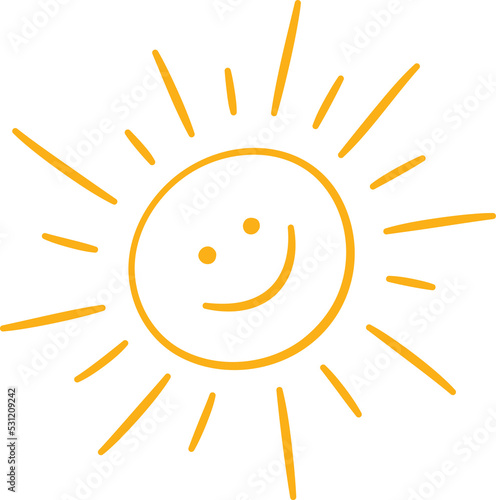 Doodle childish sun icon. Scribble yellow sun with rays and smile symbol. Doodle funny children drawing. Hand drawn burst. Hot weather sign. Vector illustration isolated on white background.