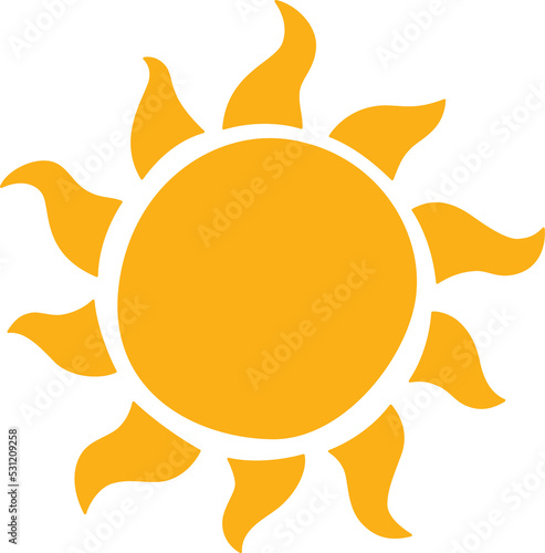 Doodle childish sun icon. Scribble yellow sun with rays symbol. Doodle children drawing. Hand drawn burst. Hot weather sign. Vector illustration isolated on white background.
