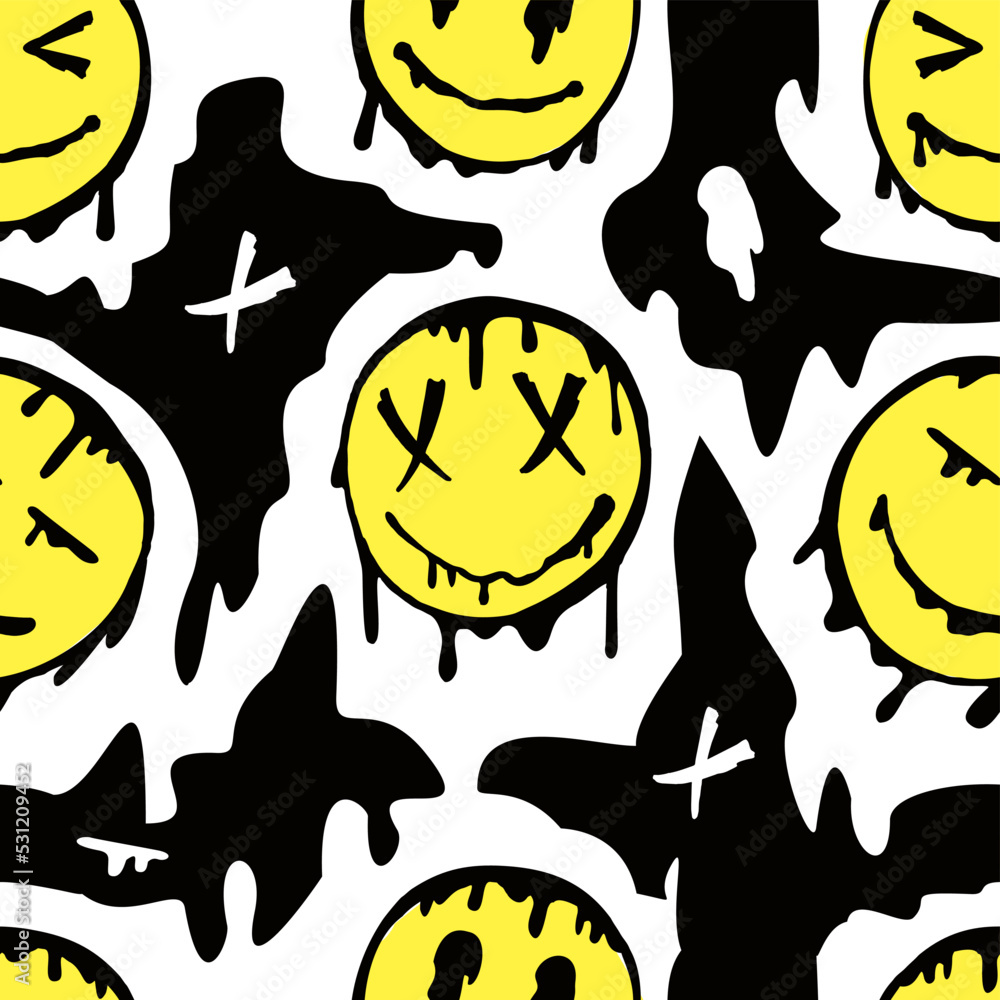 Distorted Smiley Dripping Smiling. Seamless pattern. Distorted smiling face. Psychedelic ...