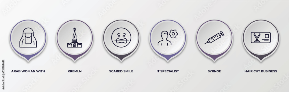 infographic template with outline icons. infographic for other concept.  included arab woman with hijab, kremln, scared smile, it specialist,  syrnge, hair cut business card editable vector. Stock Vector | Adobe Stock