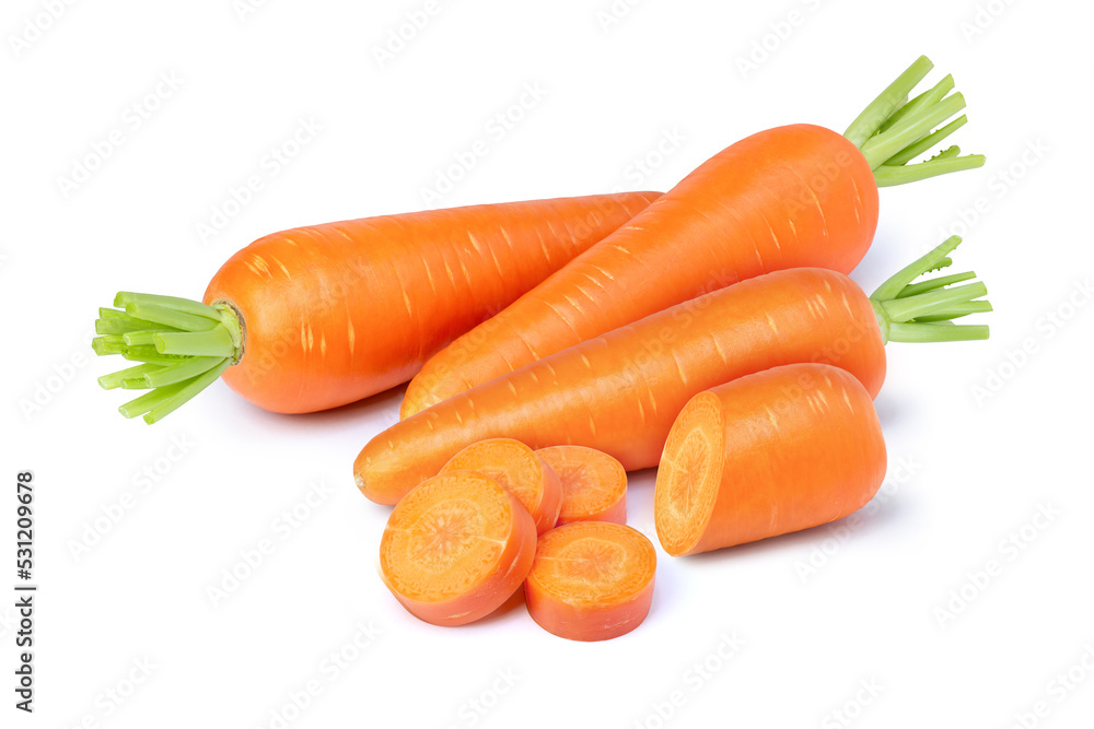 Carrots and carrot cut sliced isolated on white background. Carrots and carrot cut sliced isolated on white background.