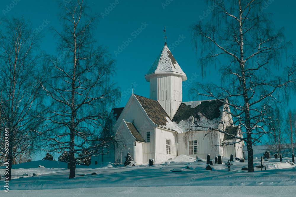 Kolbu Church, Toten, Norway, in winter.