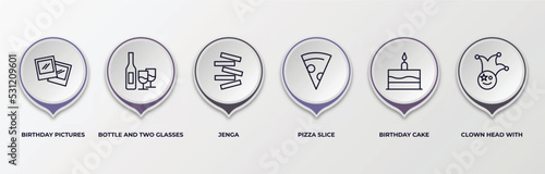 infographic template with outline icons. infographic for party concept. included birthday pictures, bottle and two glasses, jenga, pizza slice, birthday cake, clown head with hat editable vector.