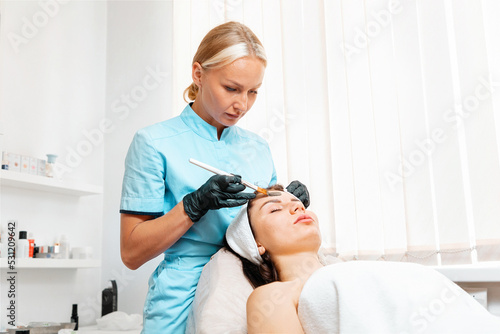 Salon beaty procedure. Cosmetolog applying with brush black clay mask on the client's face. Indoor. Concept of cosmetology photo